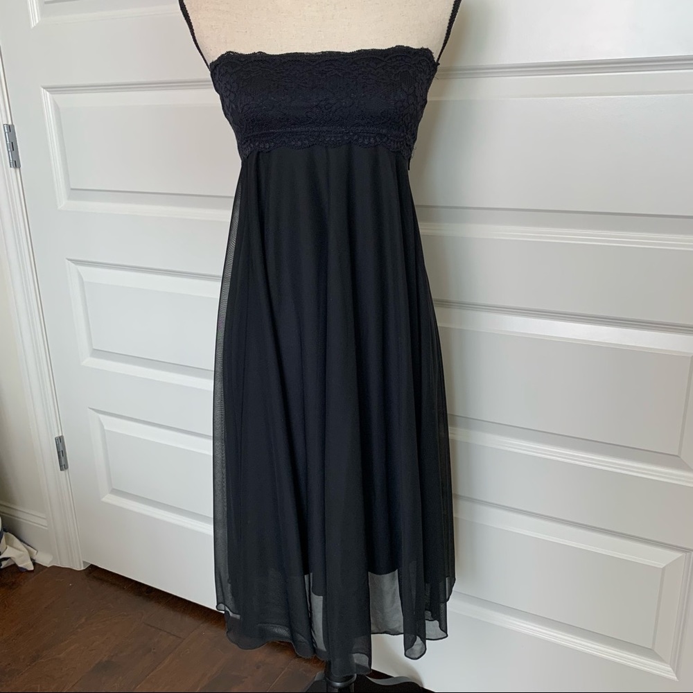 Formal flowy strapless little black dress. Size small. Lacey bodice.